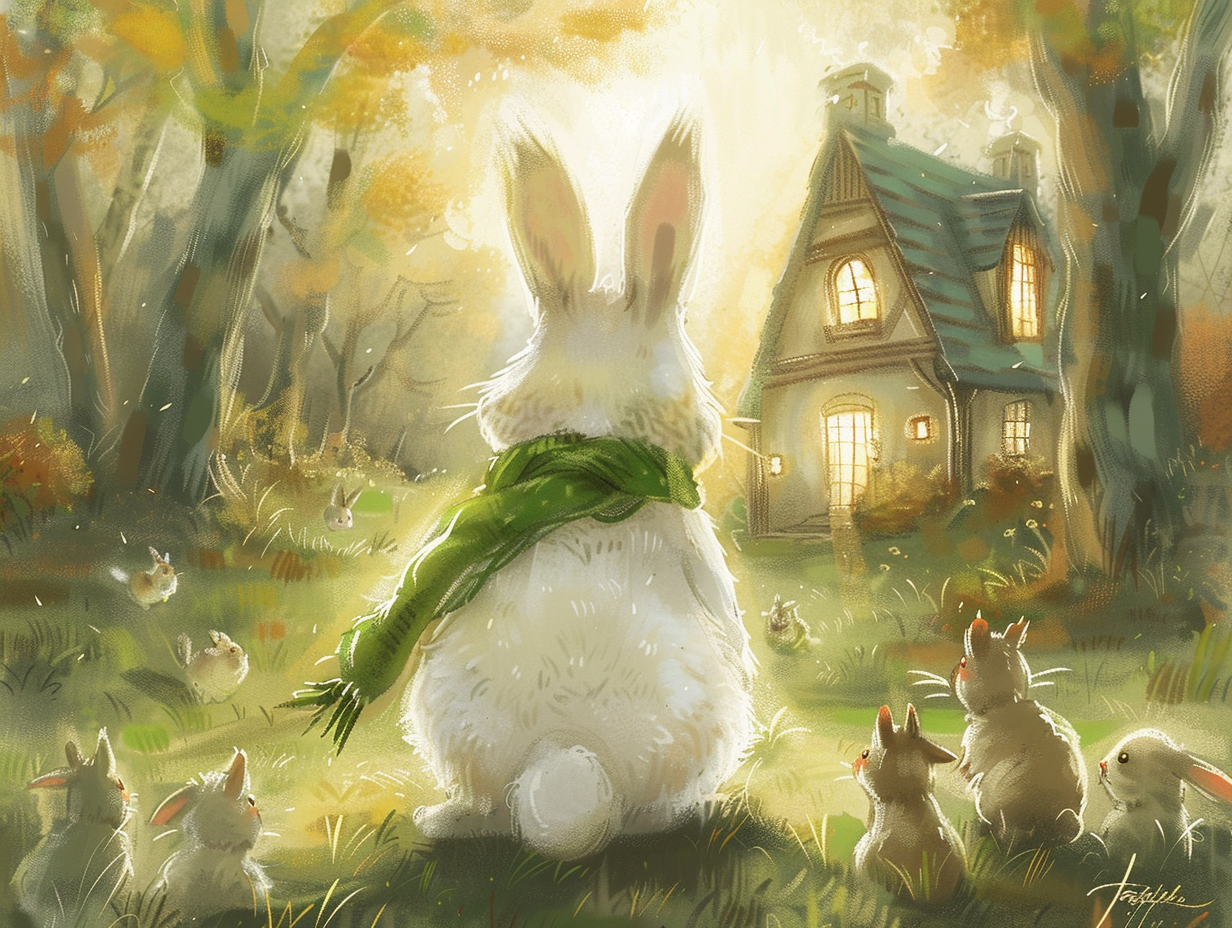 Rabbit in green scarf looks at new forest home.