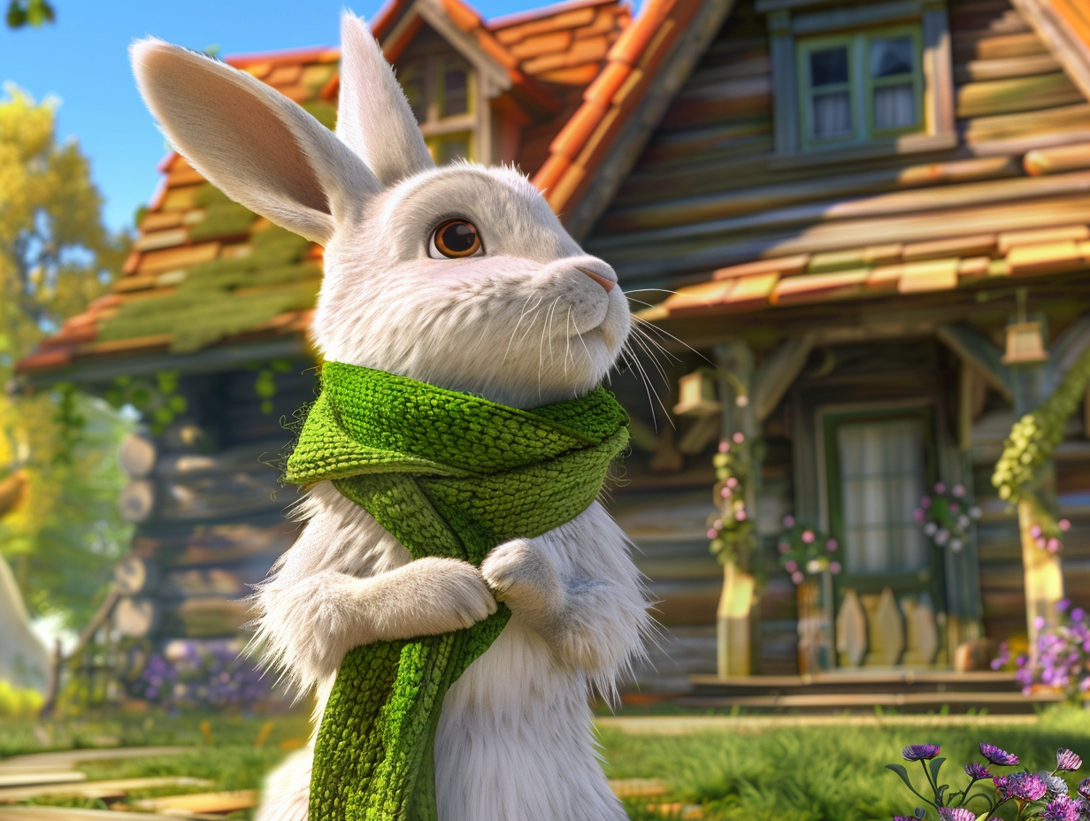 Rabbit wearing green scarf, looking at new house.