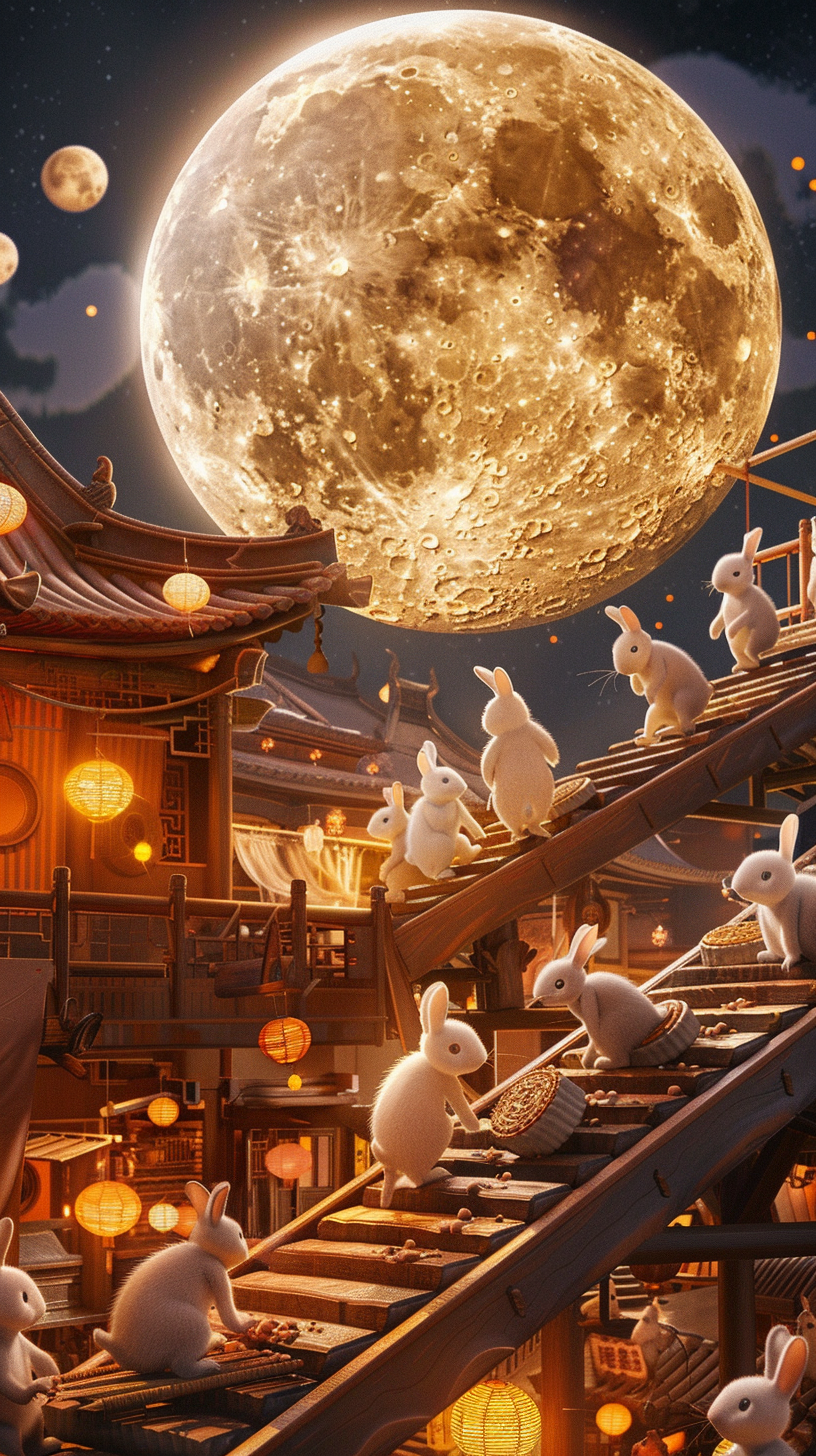 Rabbits making moon cakes on assembly line at night.