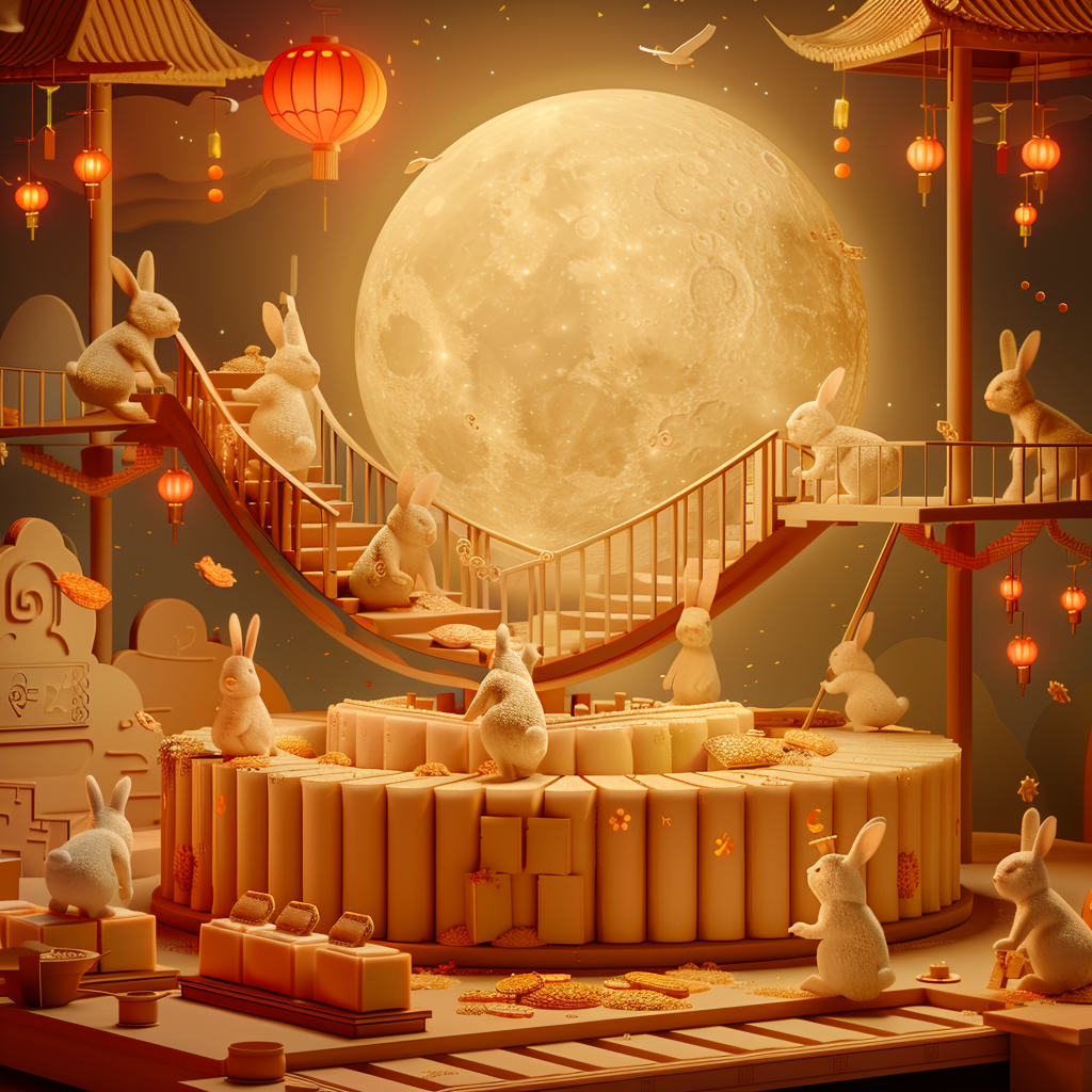 Rabbits making moon cakes on assembly line in moon.