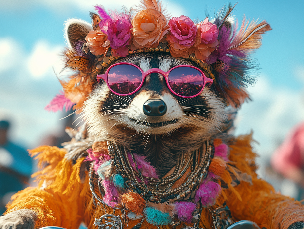 Raccoon in Colorful Costume and Accessories Riding Bicycle