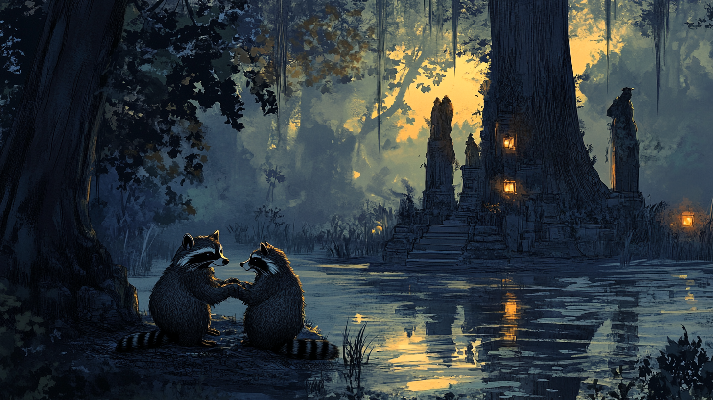 Raccoons get married in cypress swamp cathedral. Nighttime glow.