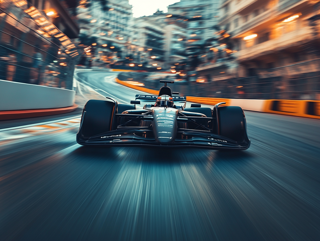 Racing Formula 1 car zooming in city.