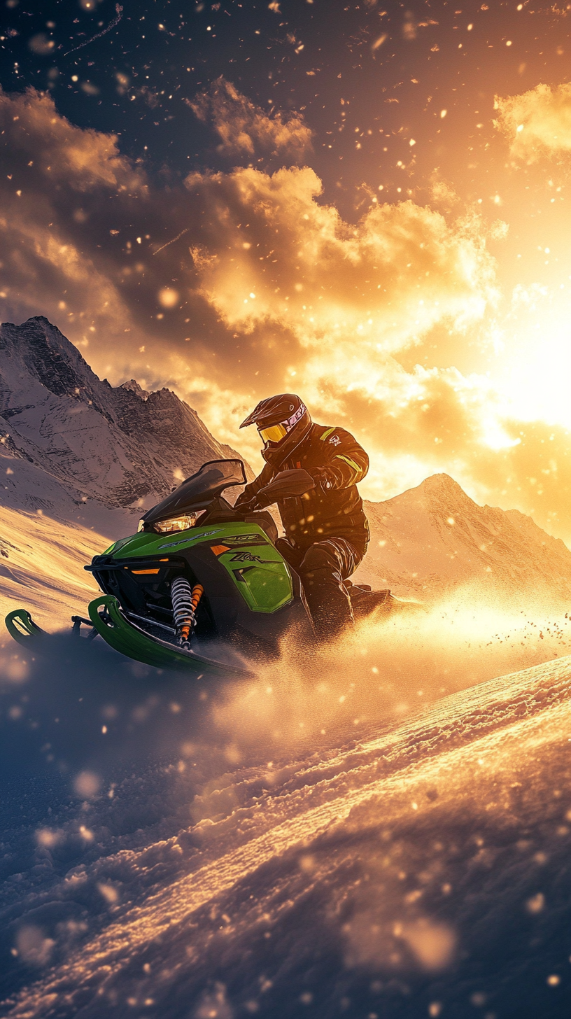 Racing Snowmobile in Swiss Alps at Sunset