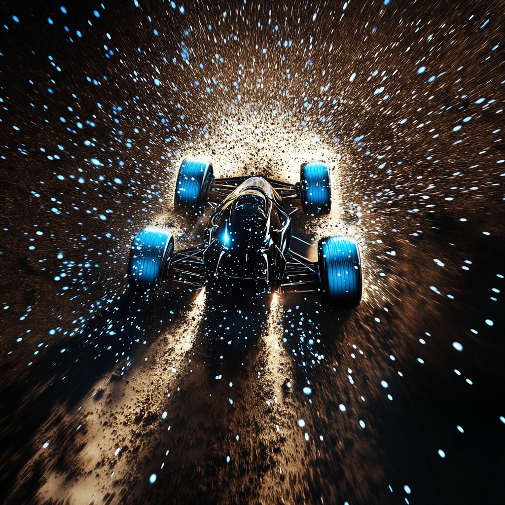 Racing car made of blue dots speeds on soil.