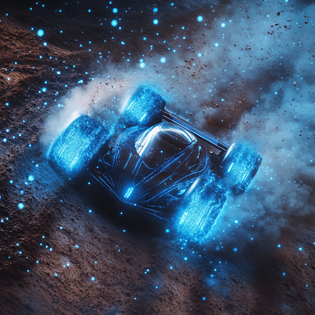 Racing car rushes with blue dots through earth soil.