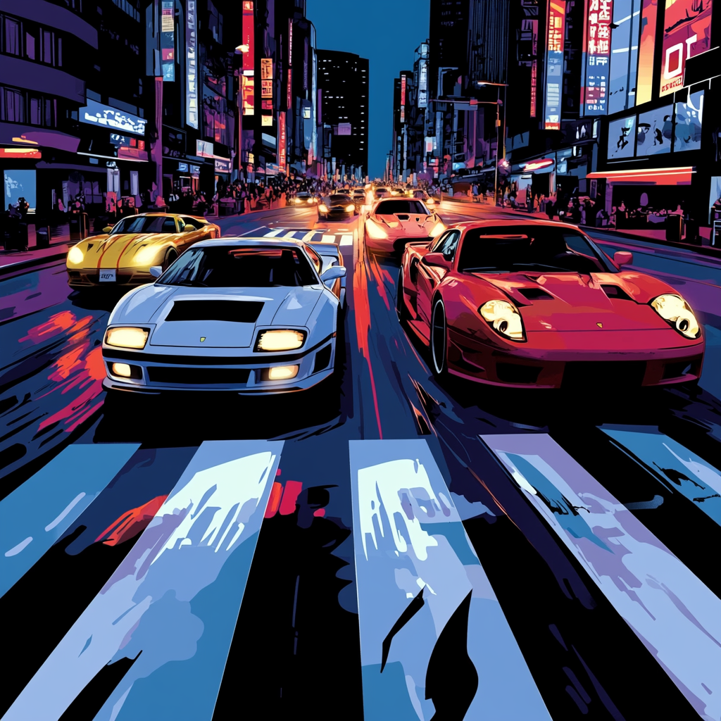 Racing sports cars on city street at night