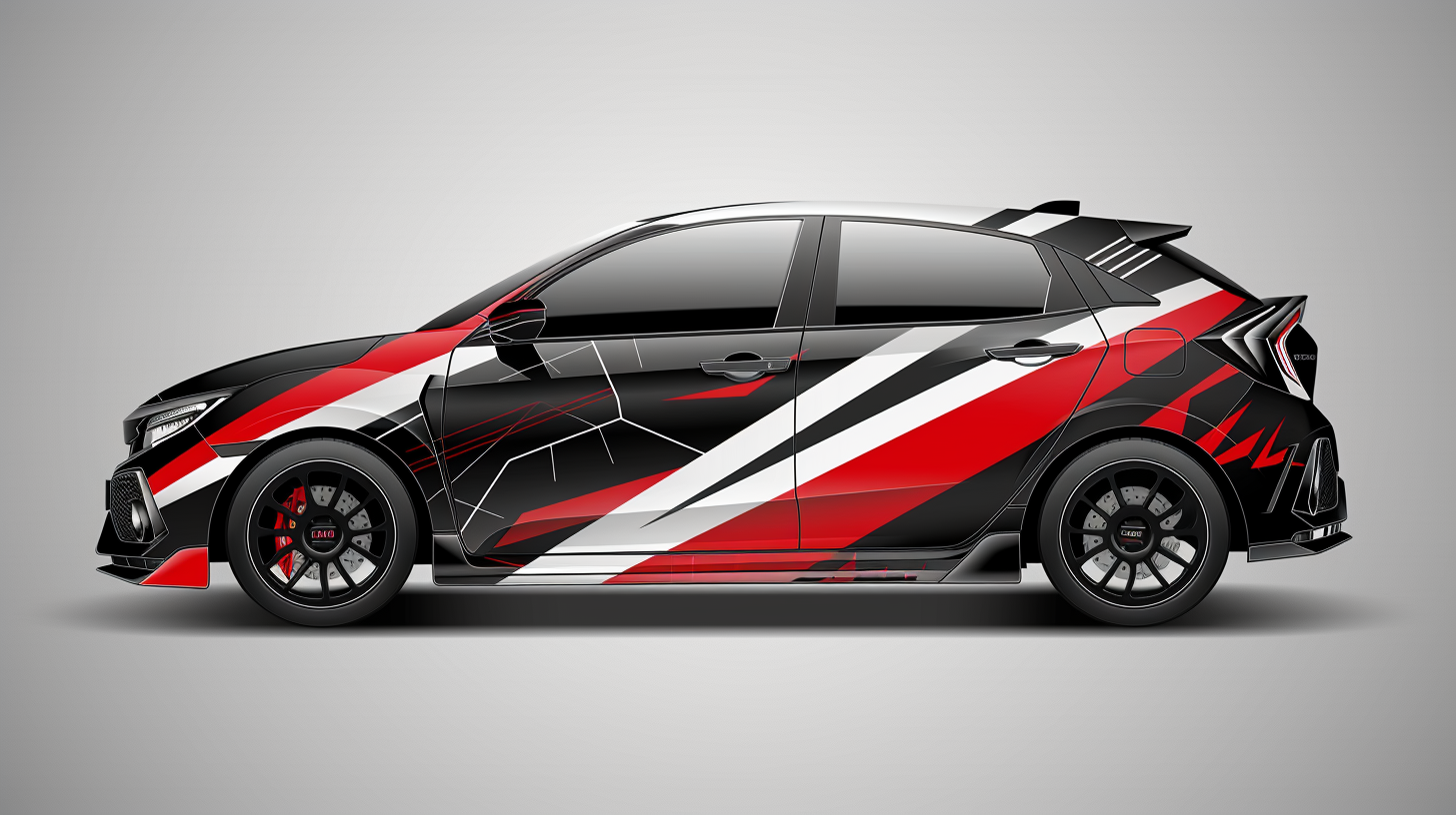 Racing-style car wrap design with geometric shapes.