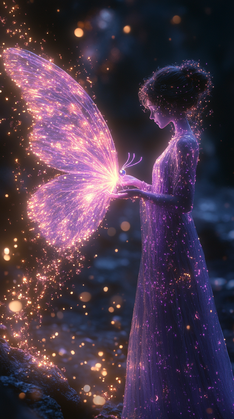 Radiant Purple Figure with a Glowing Butterfly