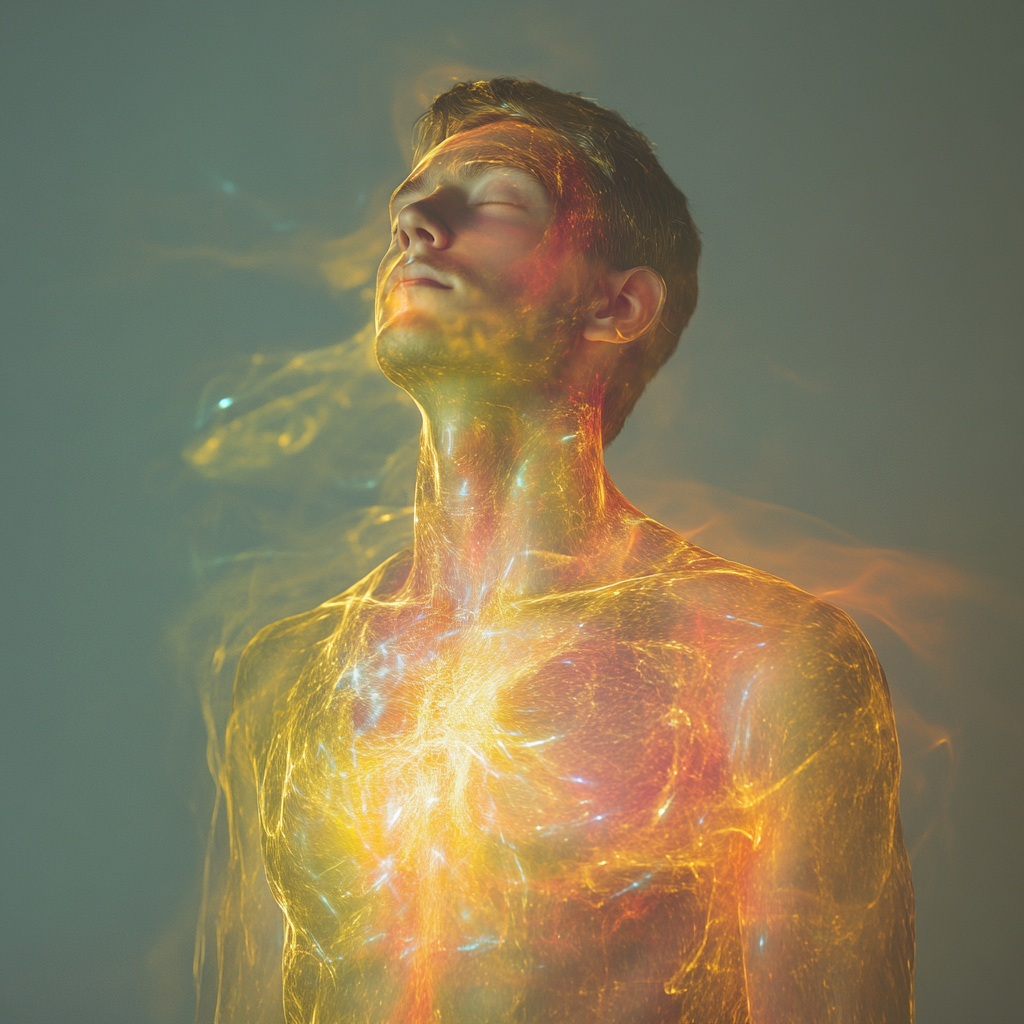 Radiant human figure in peaceful magnetic field