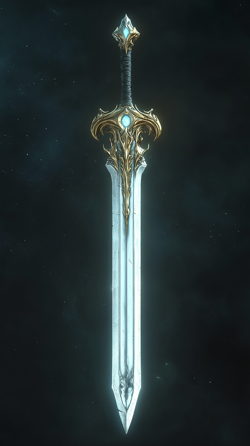 Radiant sword forged in dying star blessed by beings.