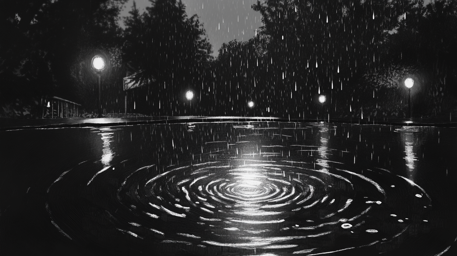 Rain drops causing ripples on water at night.