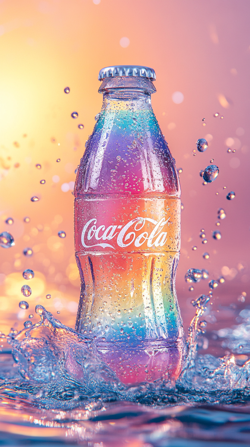 Rainbow Coca-Cola bottle in water with bubbles and droplets.