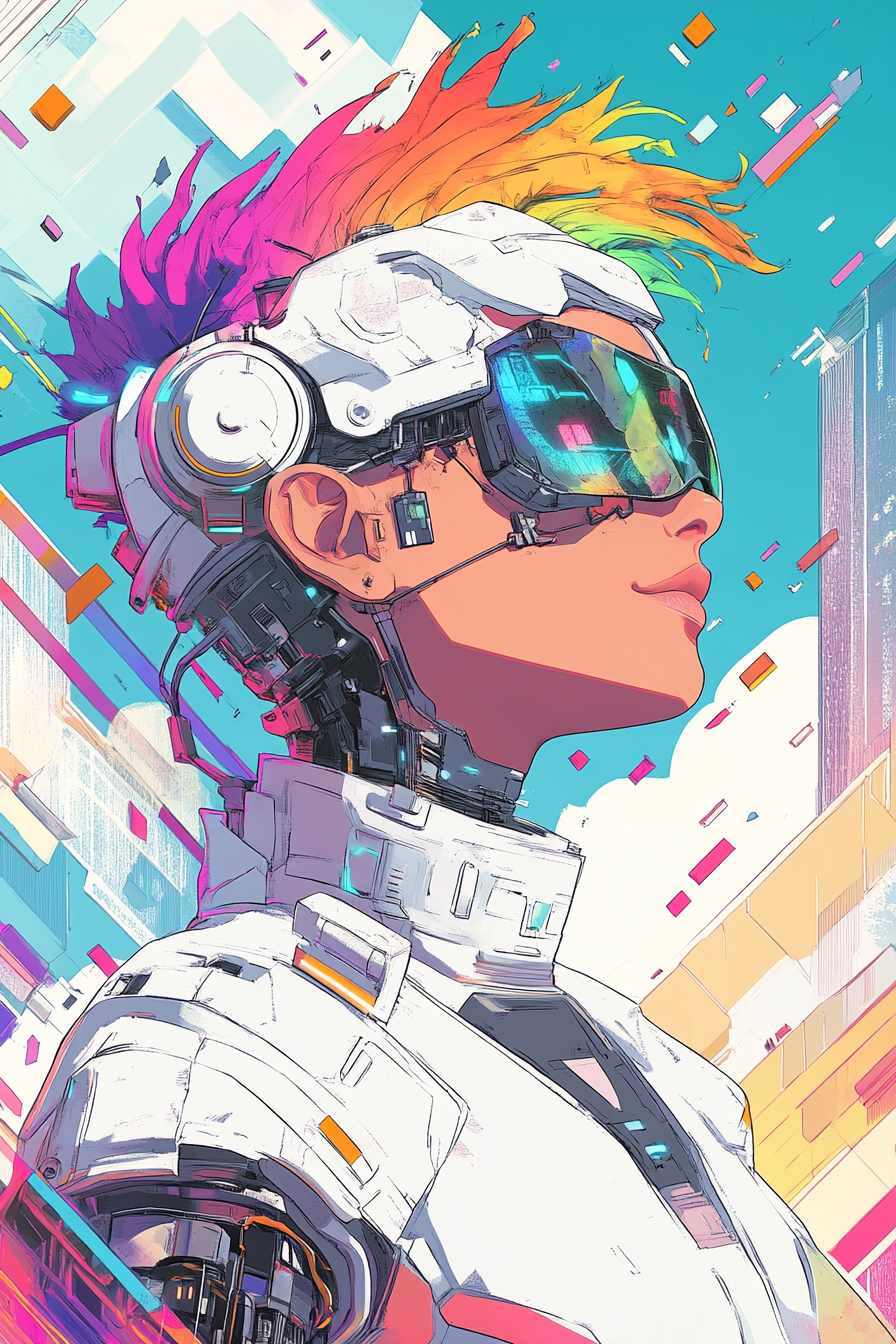 Rainbow-haired Cyberpsycho girl in cyberpunk cityscape.