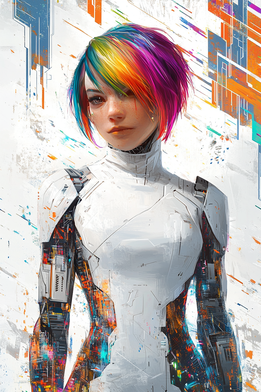 Rainbow-haired Cyberpsycho girl in cyberpunk world chaos.