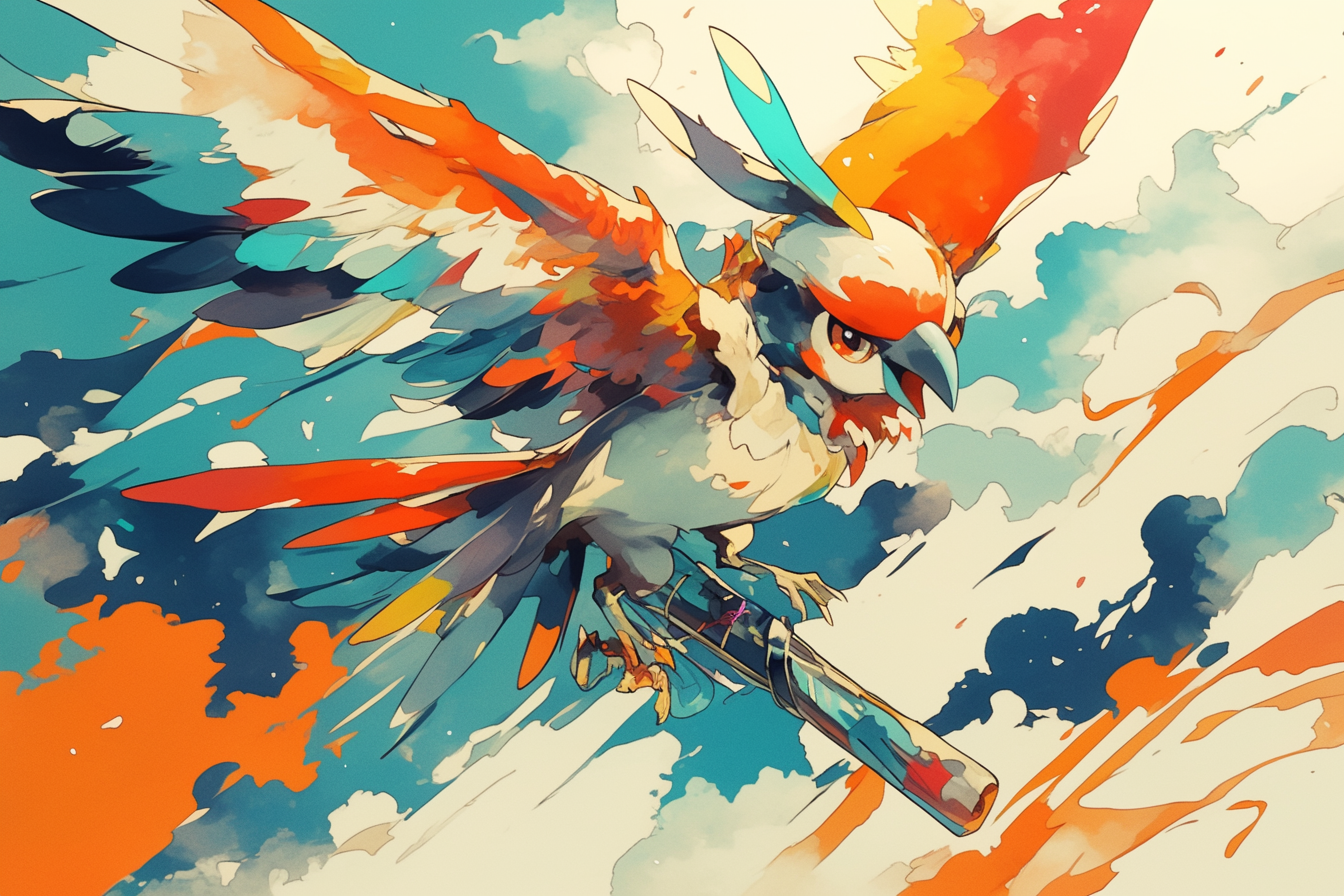 Rainbow puffin Pokemon flying with rainbow guns