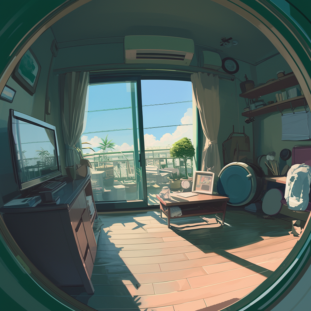 Rainy Day Living Room Fisheye View, Ghibli Style