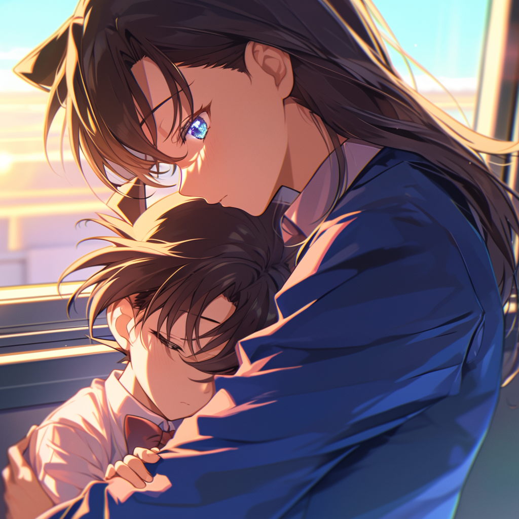 Ran hugging girl Conan in school setting