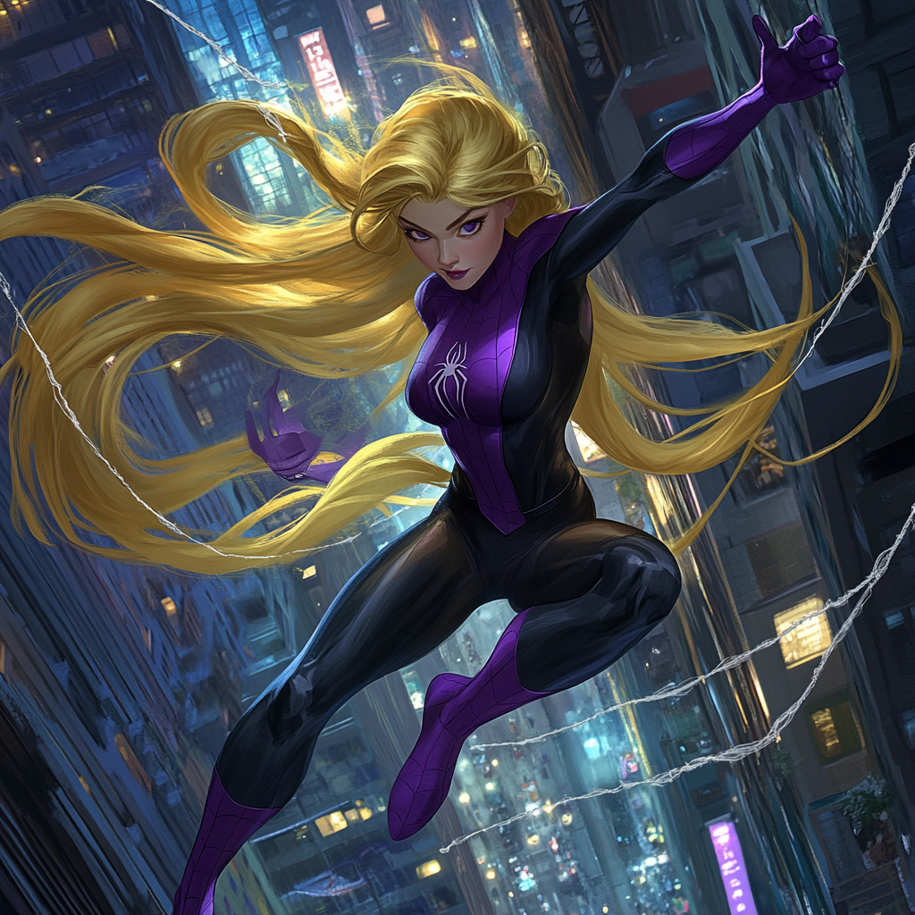 Rapunzel as Spider-Woman, swinging with golden silk hair.