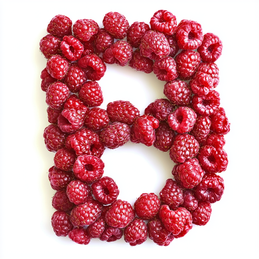 Raspberry letter 'מ' mimicking Hebrew font structure. Blend natural and clean lines for artistic feel.