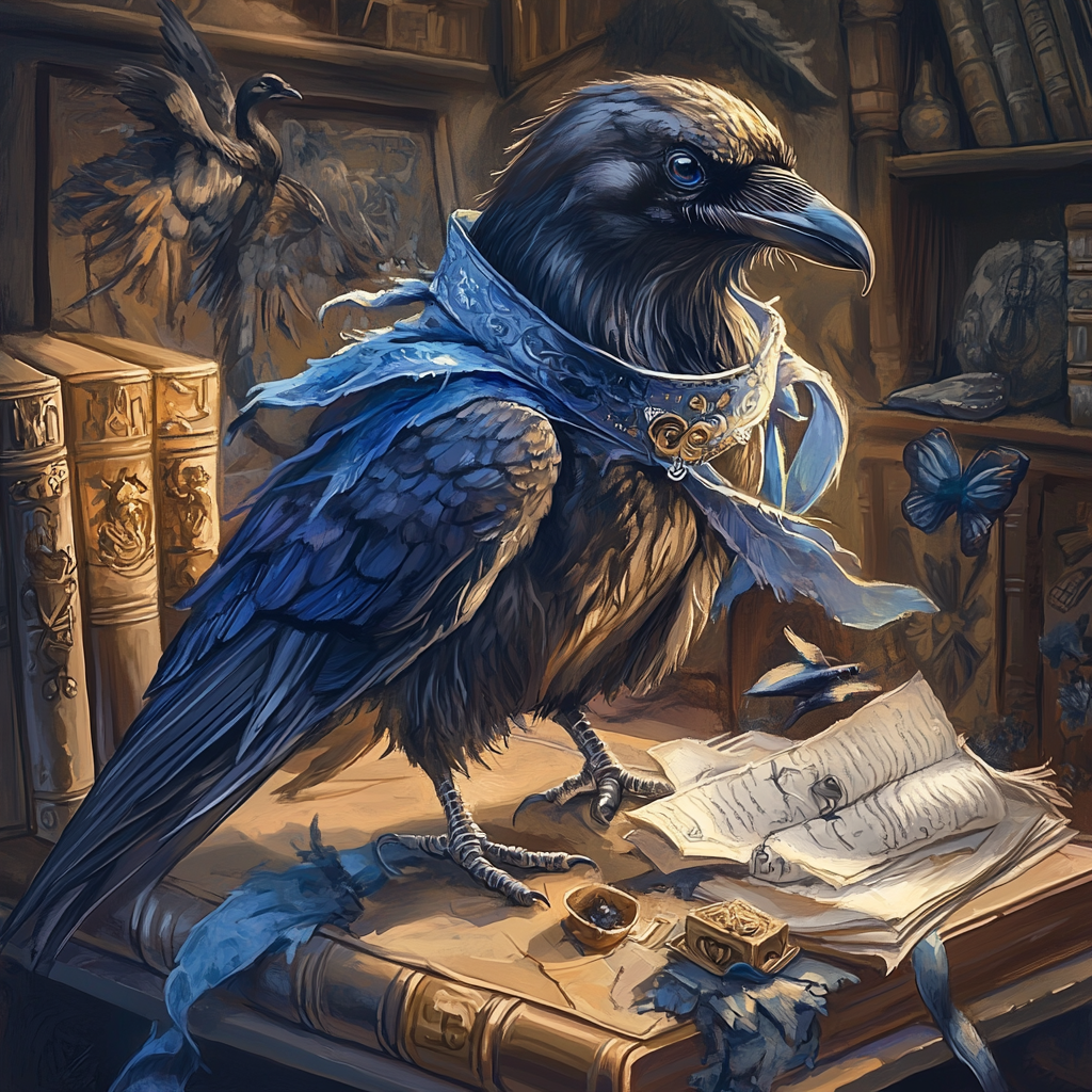 Ravenclaw raven solves puzzle surrounded by mystical artifacts.