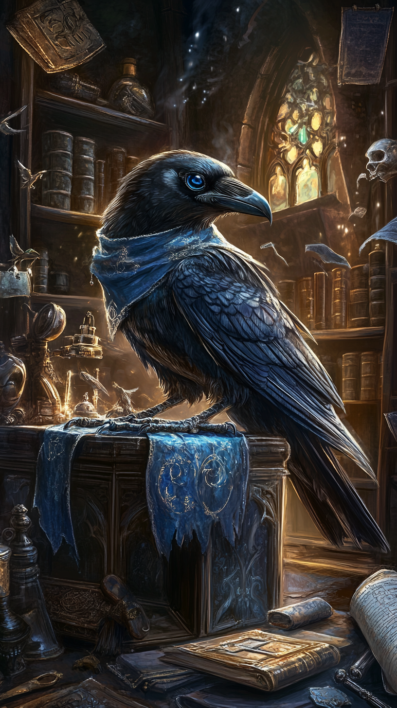 Ravenclaw’s representing animal solving magical puzzle, surrounded artifacts.