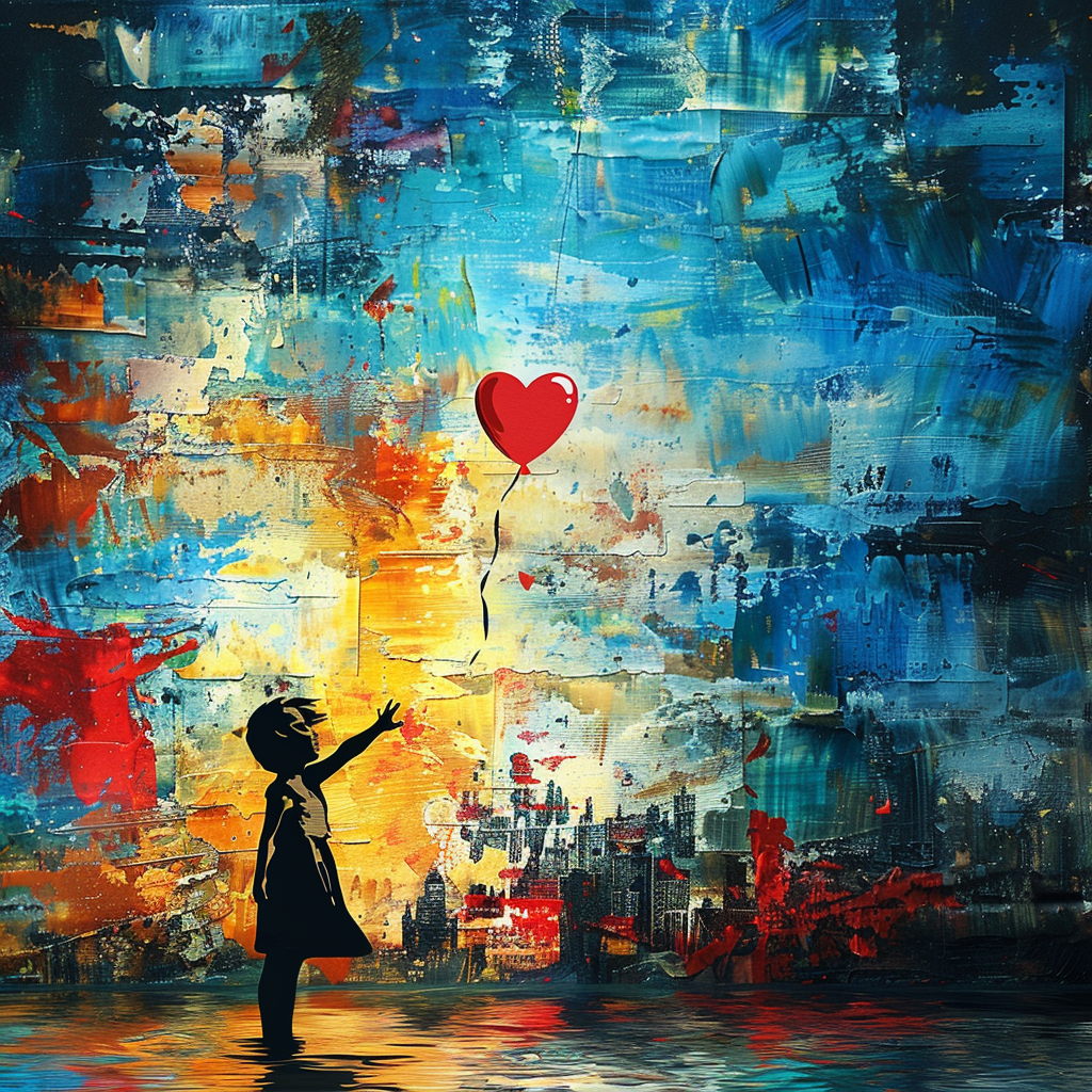 Reaching for Heart Balloon: Vibrant Street Art