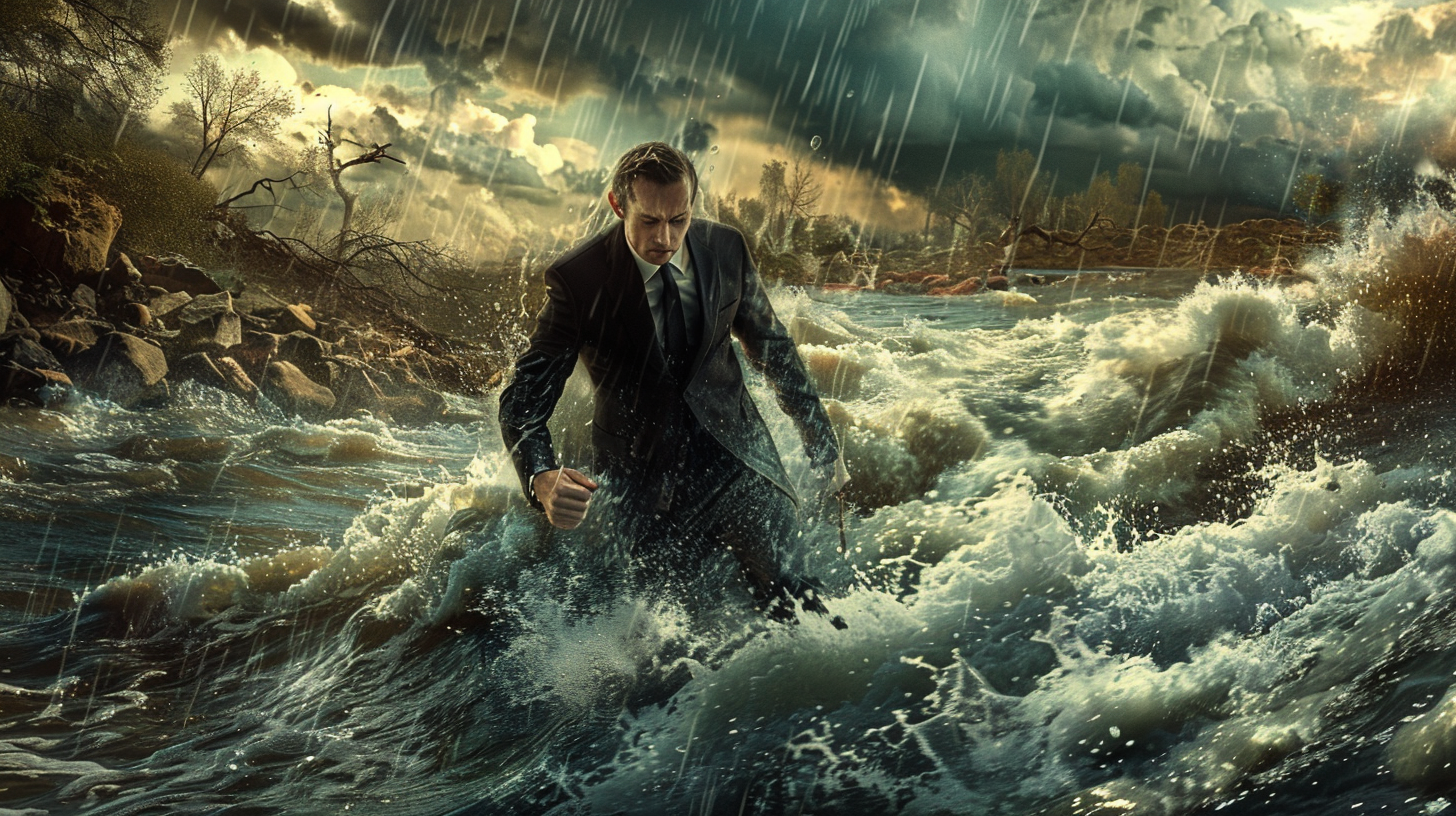 Real estate agent in suit fights river current bravely.