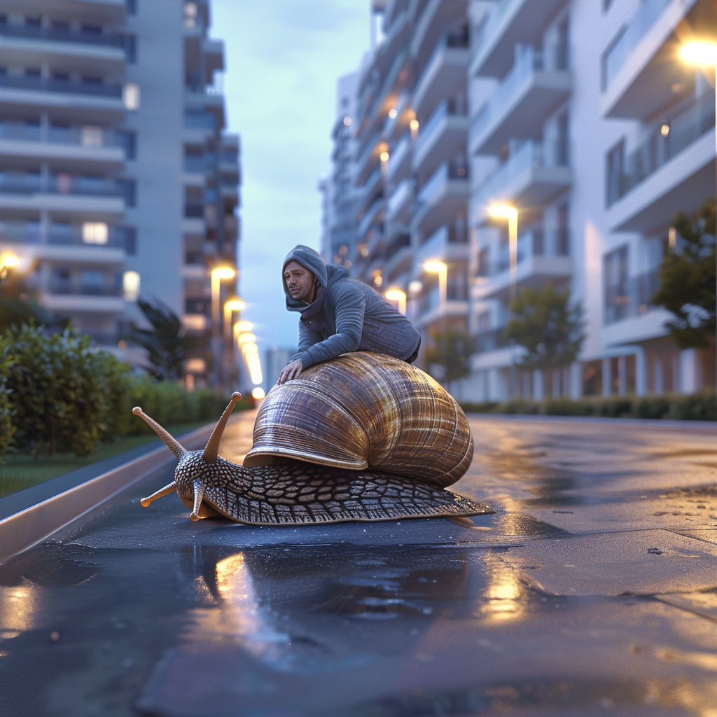 Real estate agent on oversized snail in modern neighborhood.