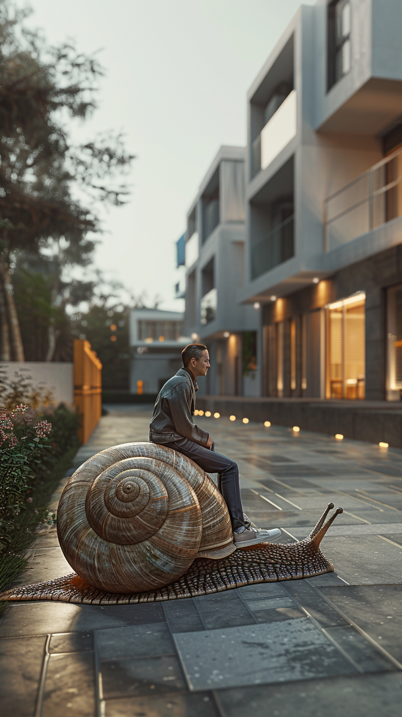 Real estate agent on sad oversized snail in modern neighborhood.