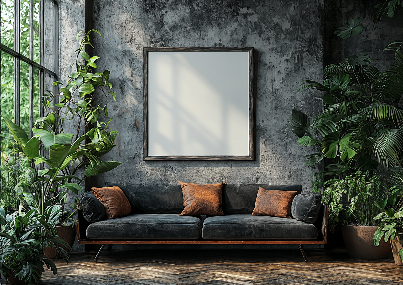 Real photo of dark sofa with plants and empty frame.