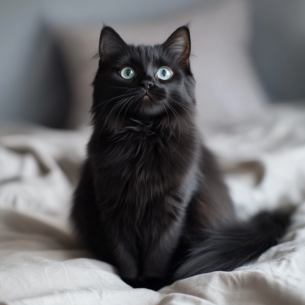 Real shot of black cat with long tail, fluffy fur, big eyes, sitting on bed.