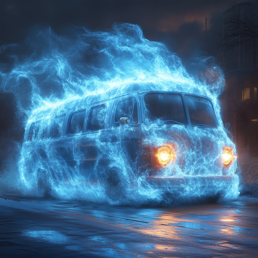 Realistic, fantasy Egyptian style van appears ghostly, ethereal.