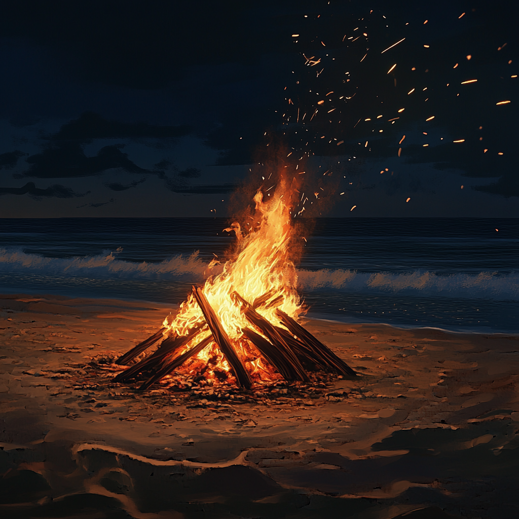 Realistic Beach Night Scene with Large Bonfire.