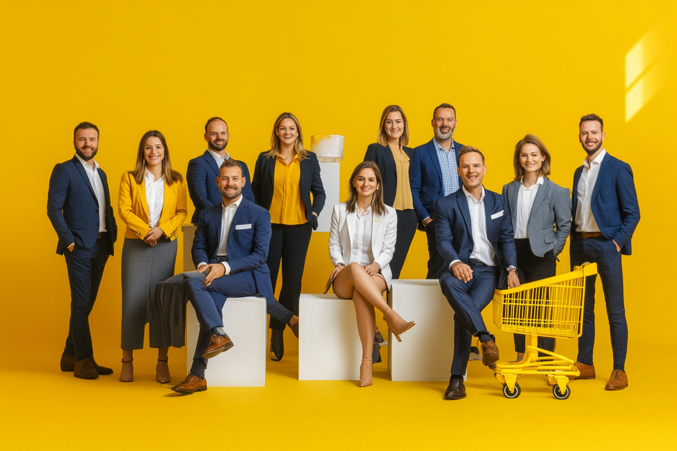 Realistic Business Group Photo in Yellow Studio Setting