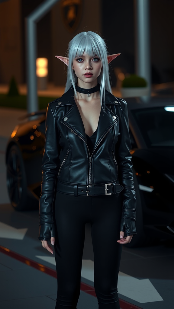 Realistic Dark Elf Girl Near Lamborghini Car