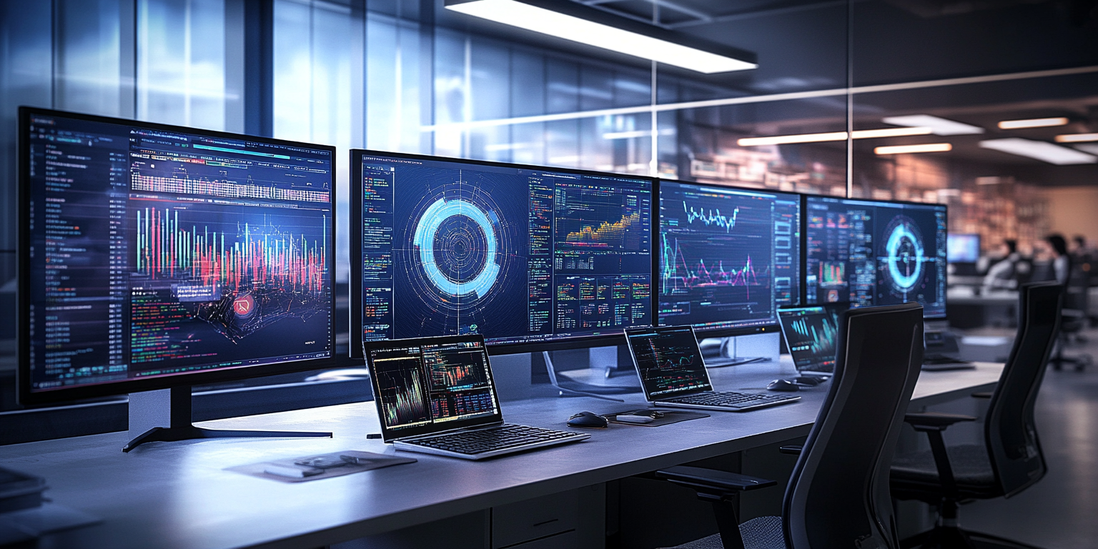 Realistic Data Lab Computers Showing Radar, Graphs, and Faces 