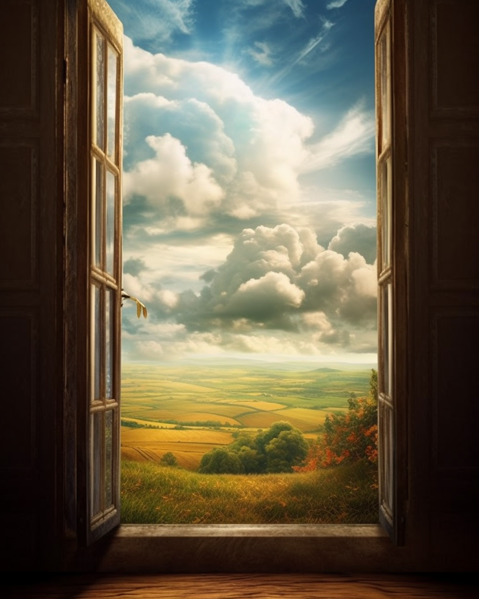 Realistic Field View through Open Window Painting Image