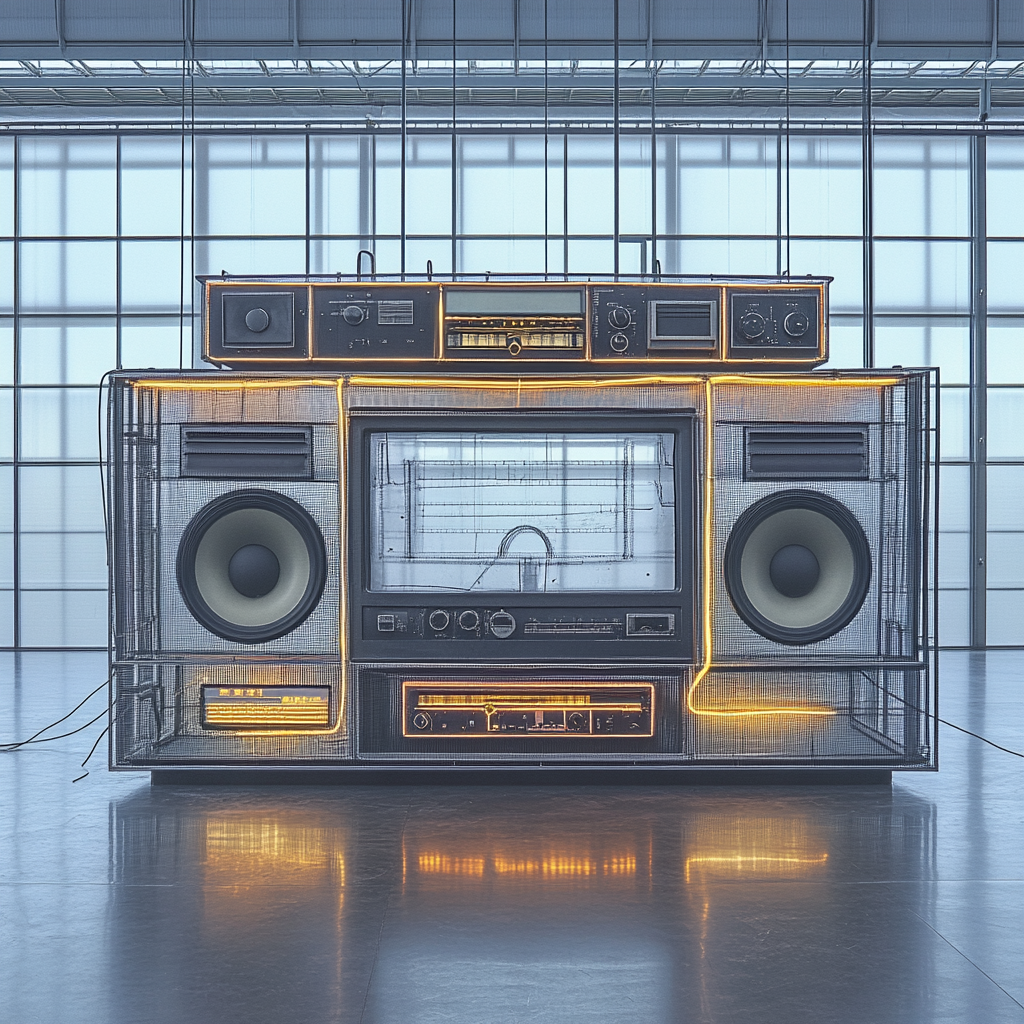 Realistic Giant Boombox Installation in Modern Indoor Space 