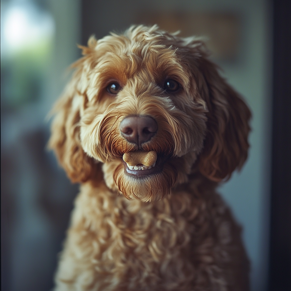 Realistic Golden Doodle Dog with Bone in Cinematic Style 