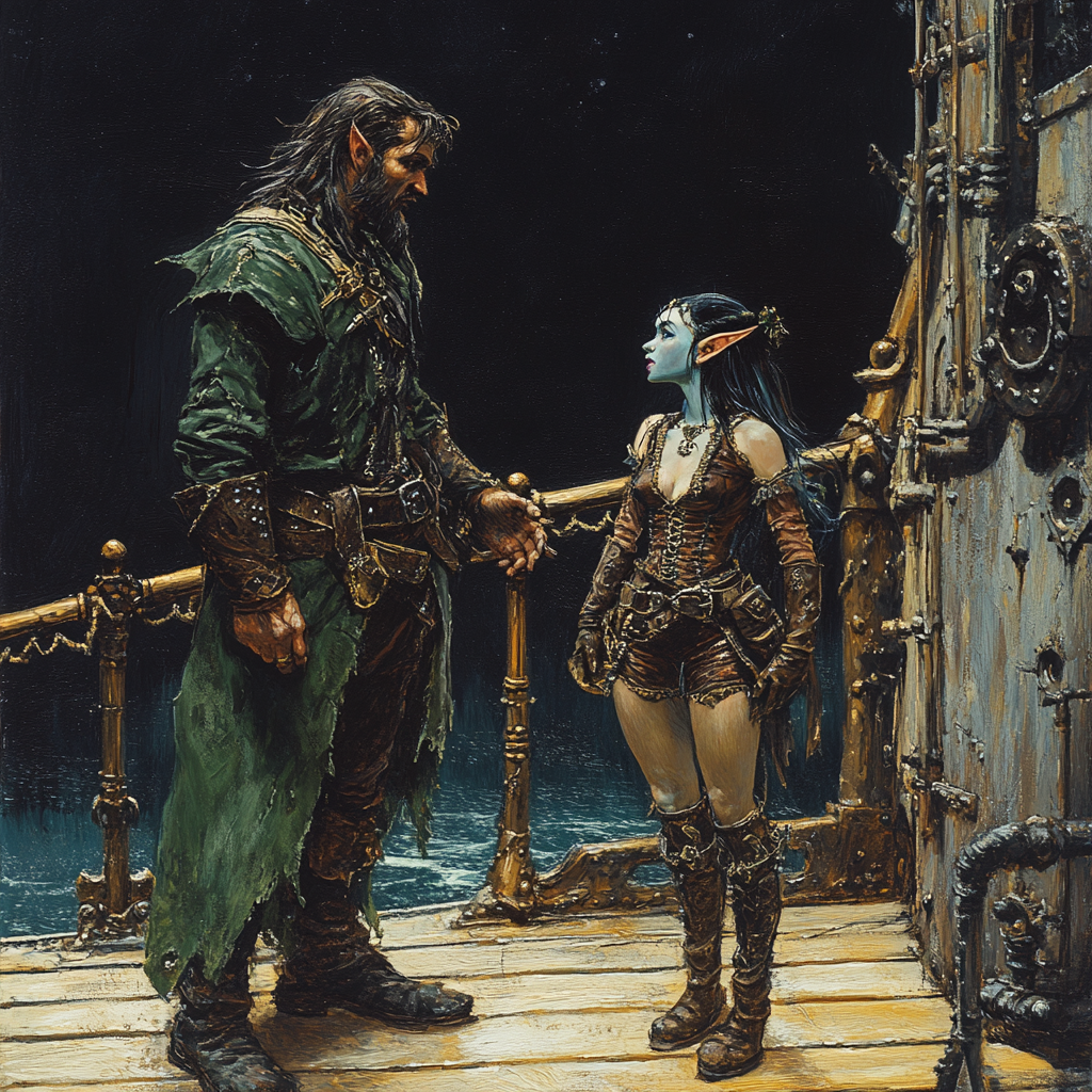 Realistic Grim Fantasy Art: Humans, Elves, Gnomes on Ship