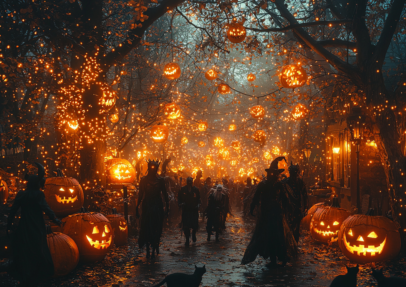 Realistic Halloween scene with costumes, pumpkins, fairy lights.