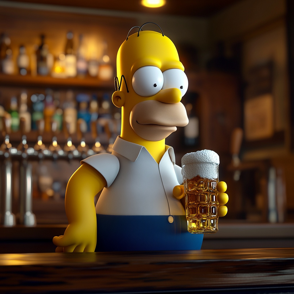 Realistic Homer Simpson at bar with beer, details.