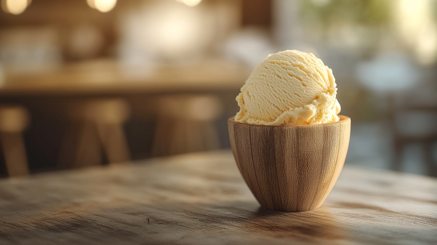 Realistic Italian Gelato in Wooden Cup on Table Texture Close-Up