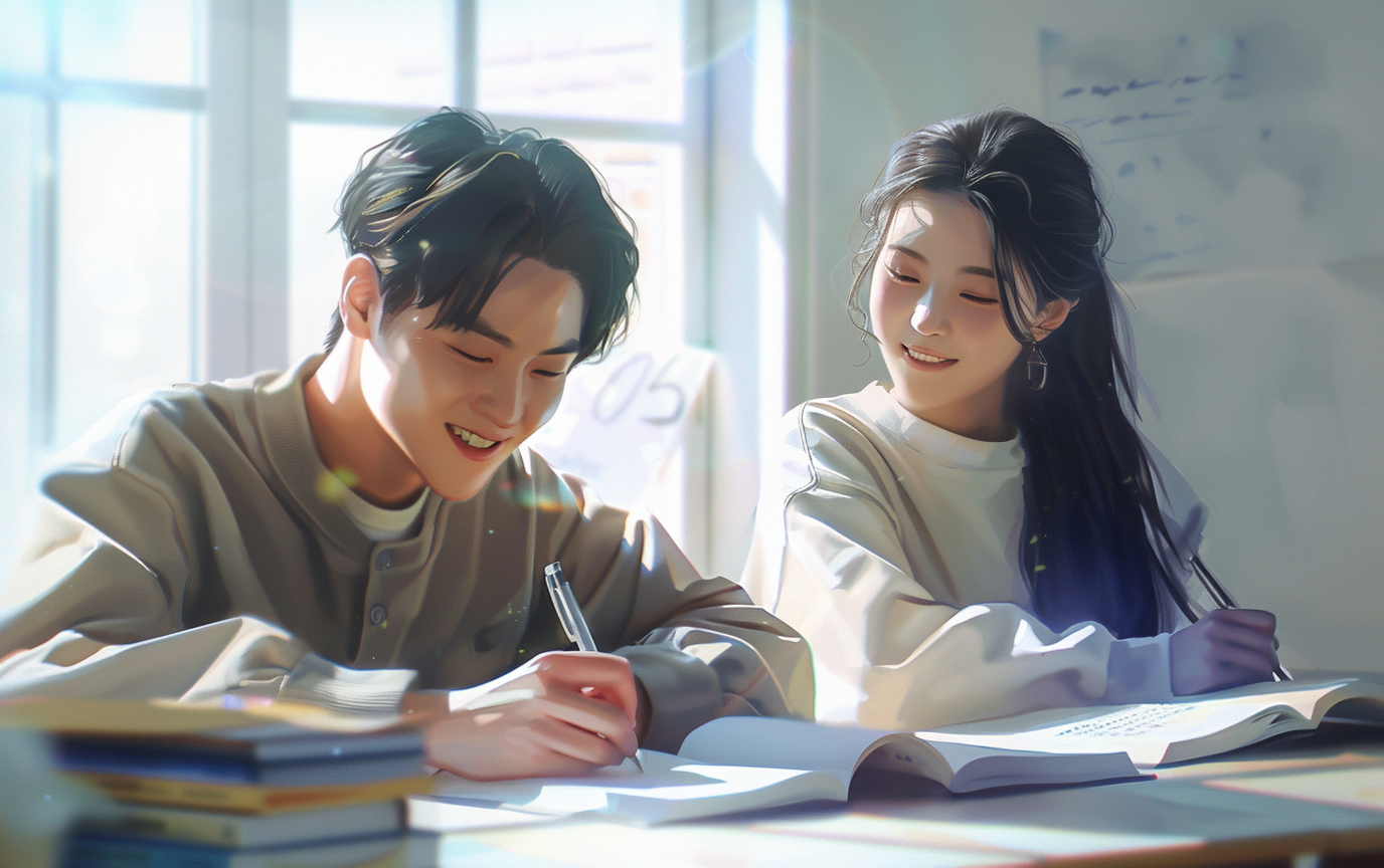 Realistic Korean Middle School Students Studying English Intensely