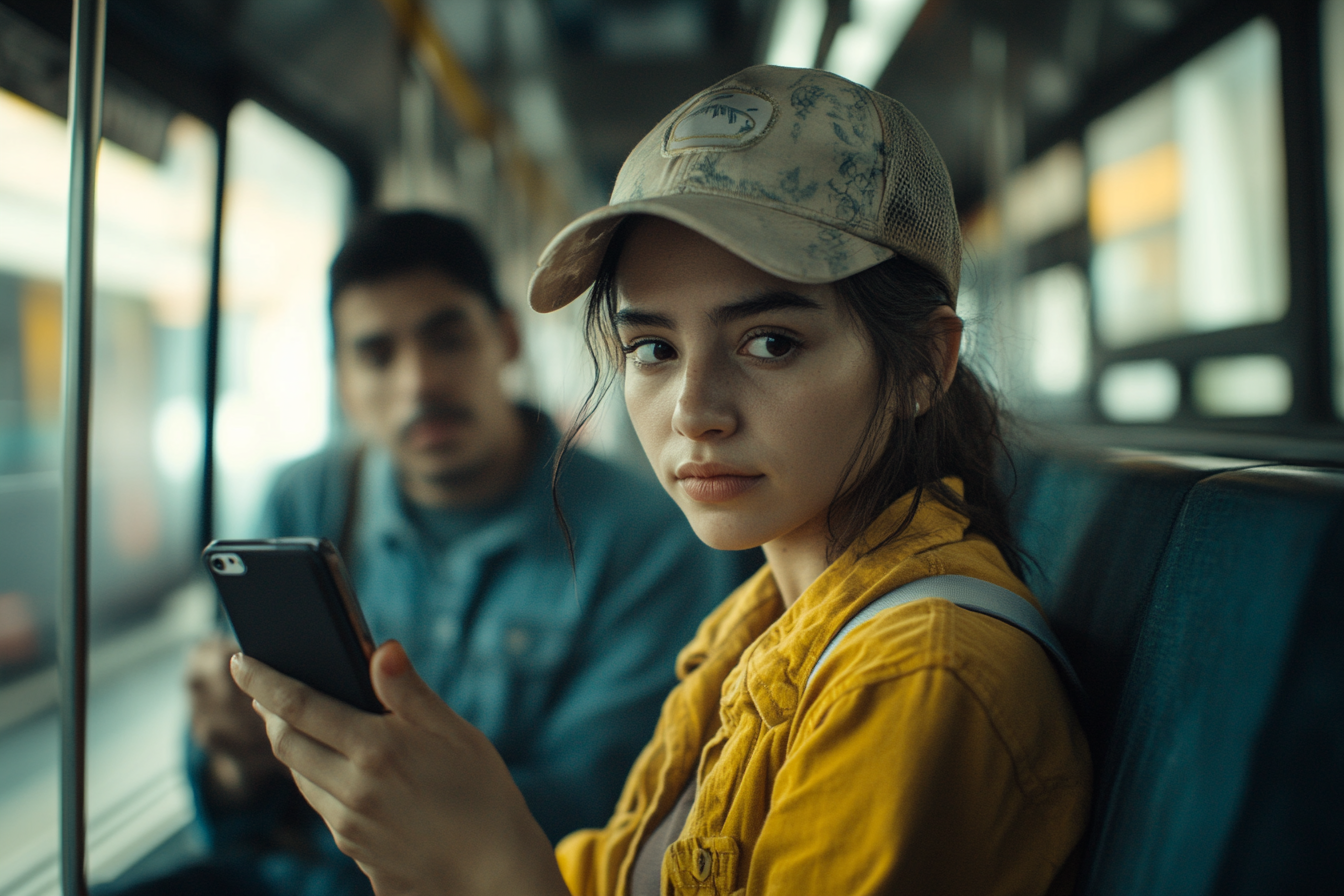 Realistic Latin American Couple Using Smartphone on Metrobus