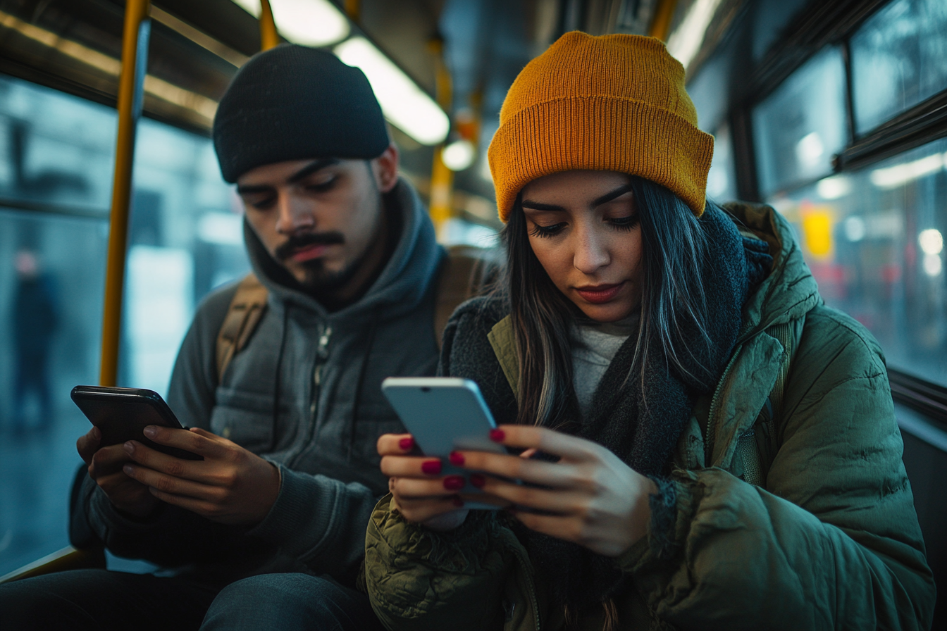 Realistic Latin American Couple Working on Smartphone, Metrobus Background