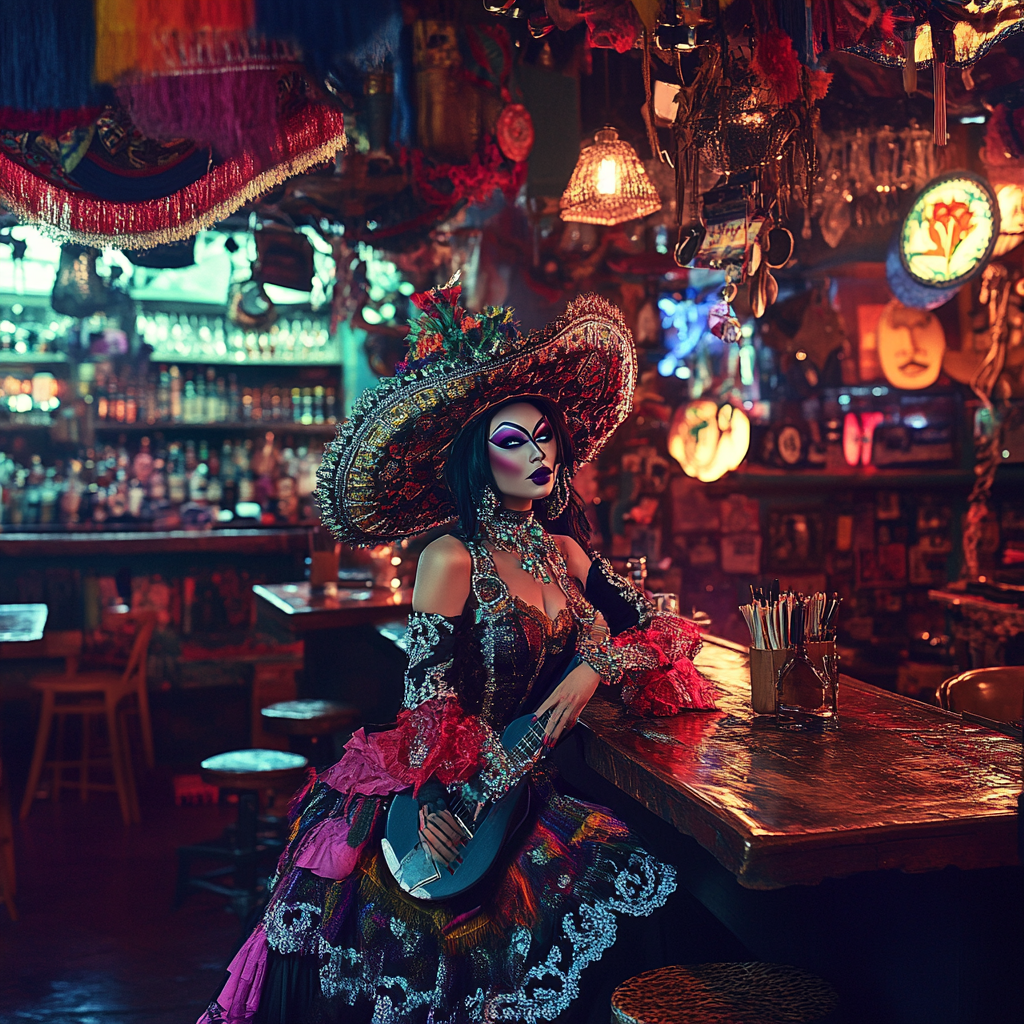 Realistic Night Advertising Photo: Drag Queen Mariachi Celebration 