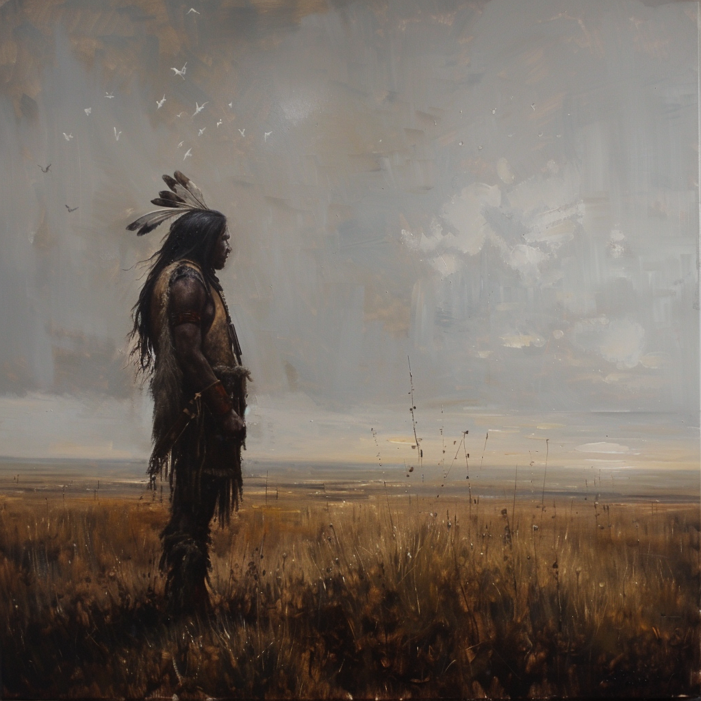 Realistic Oil Painting: Native American Warrior on Plains