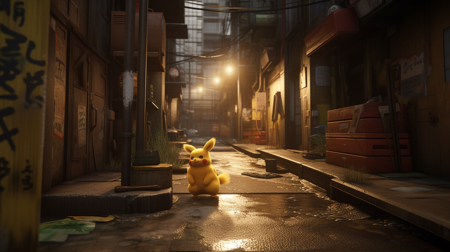 Realistic Pikachu in Japanese Alleyway Photo: Fluffy Fur Texture